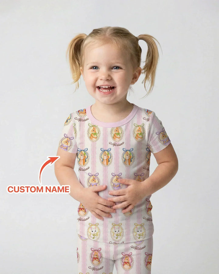 Custom Name Vintage Easter Bunny Bamboo Two Piece Short Sleeve Pajama Set