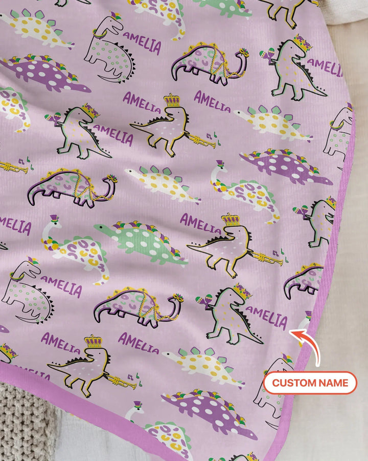 Custom Name Mardi Gras Saurus Bamboo Blanket