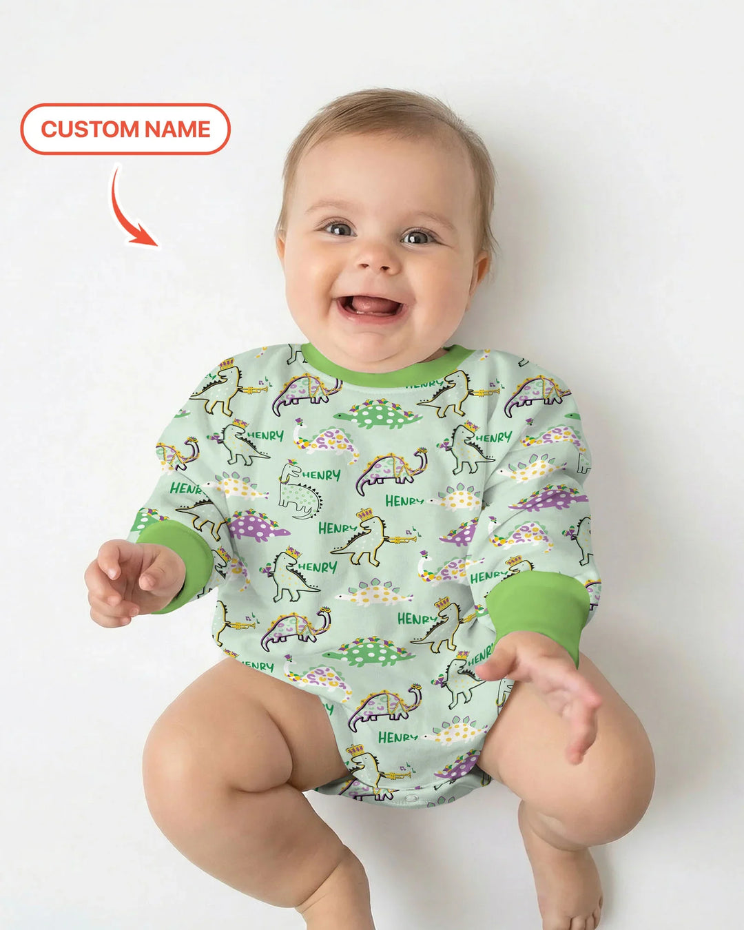 Custom Name Mardi Gras Saurus Bamboo Bubble Romper