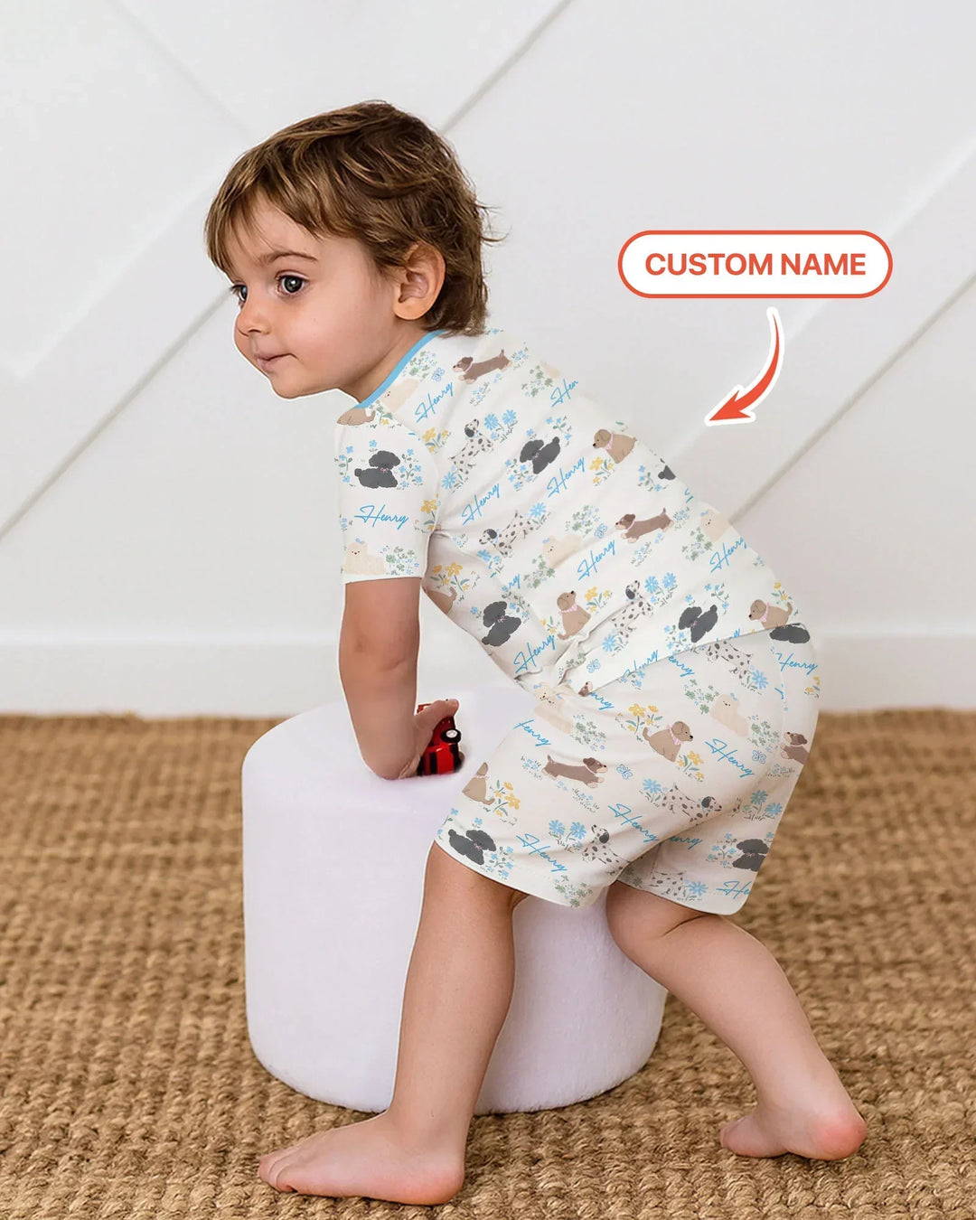 Custom Name Flower Dogs Bamboo Two Piece Short Sleeve Shorts Pajama Set