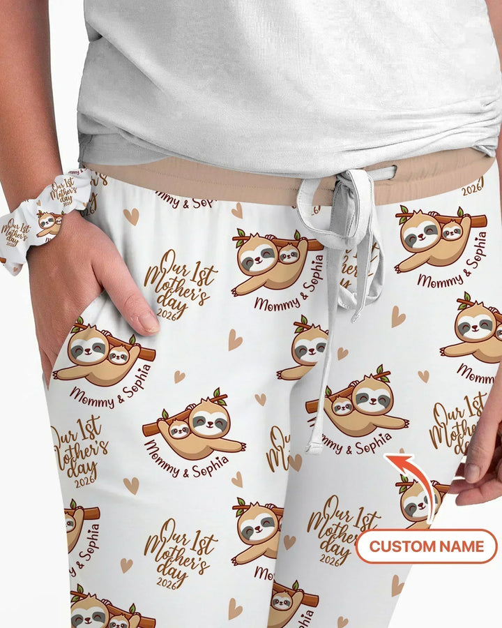 Custom Name Mama & Baby Sloth – Our First Mother’s Day 2026 Bamboo Women Pajama Set