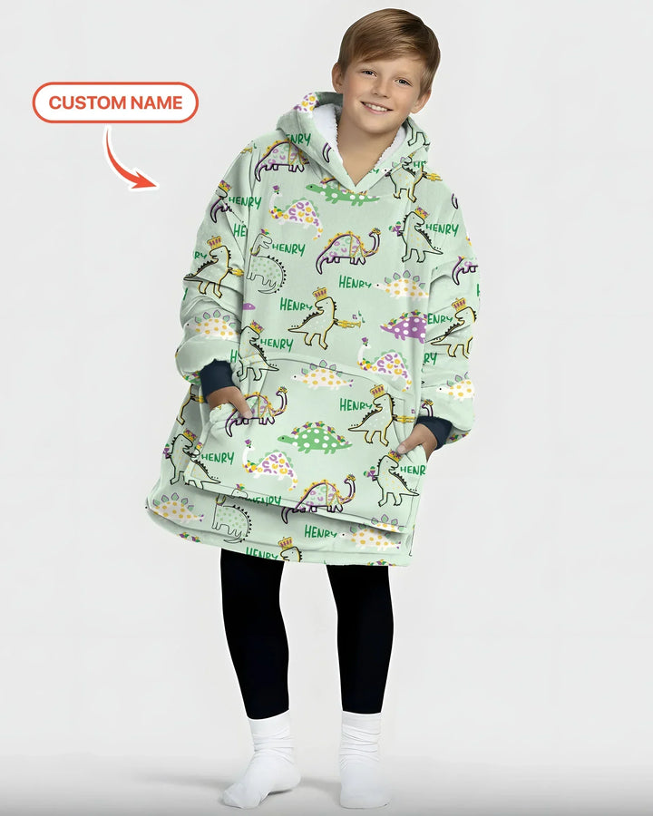 Custom Name Mardi Gras Saurus Wearable Bamboo Blanket Hoodie