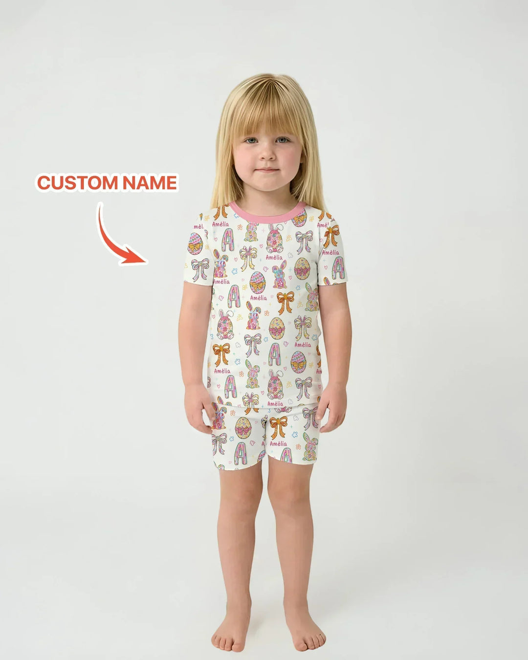 Happy Easter Custom Name Bamboo Two Piece Short Sleeve Shorts Pajama Set