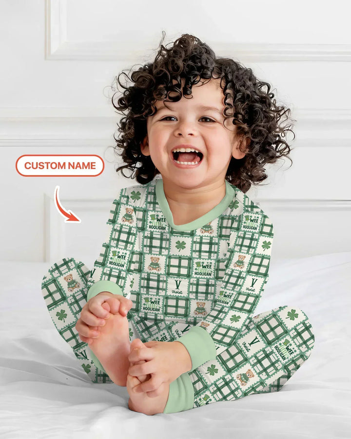 Custom Name Teddy Bear Gingham St. Patrick's Day Bamboo Two Piece Long Sleeve Pajama Set