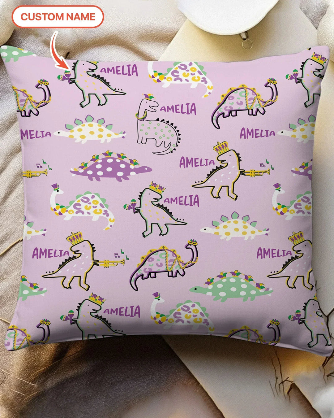 Custom Name Mardi Gras Saurus Bamboo Pillow Case