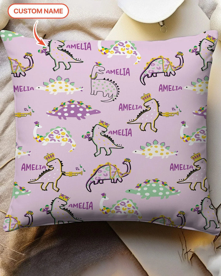 Custom Name Mardi Gras Saurus Bamboo Pillow Case
