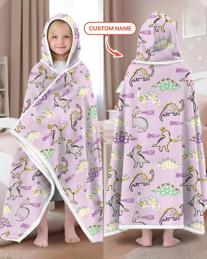 Custom Name Mardi Gras Saurus Bamboo Wearable Hooded Blanket