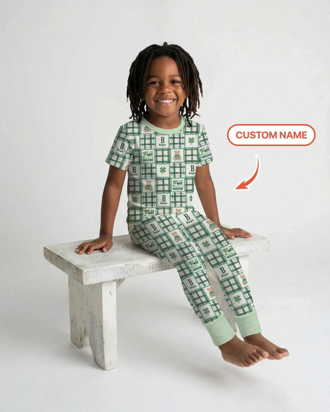 Custom Name Teddy Bear Gingham St. Patrick's Day Bamboo Two Piece Short Sleeve Pajama Set