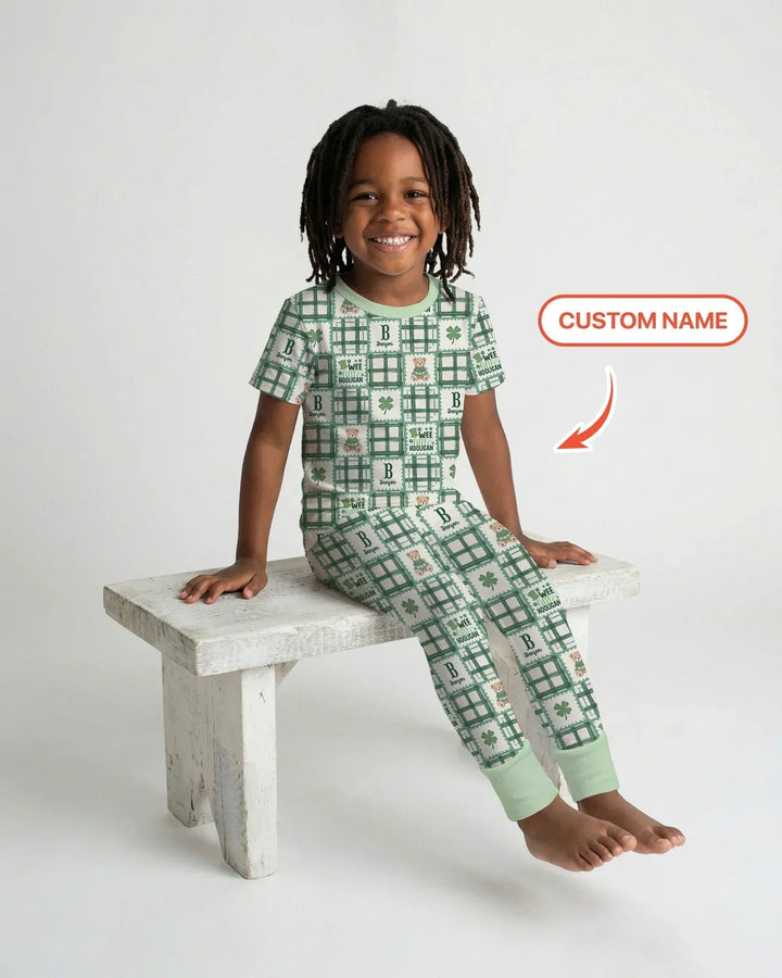Custom Name Teddy Bear Gingham St. Patrick's Day Bamboo Two Piece Short Sleeve Pajama Set