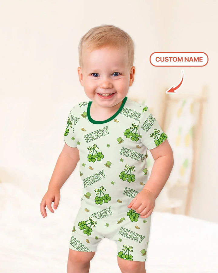 Custom Name Lucky Little Shamrock Bamboo Two Piece Short Sleeve Shorts Pajama Set