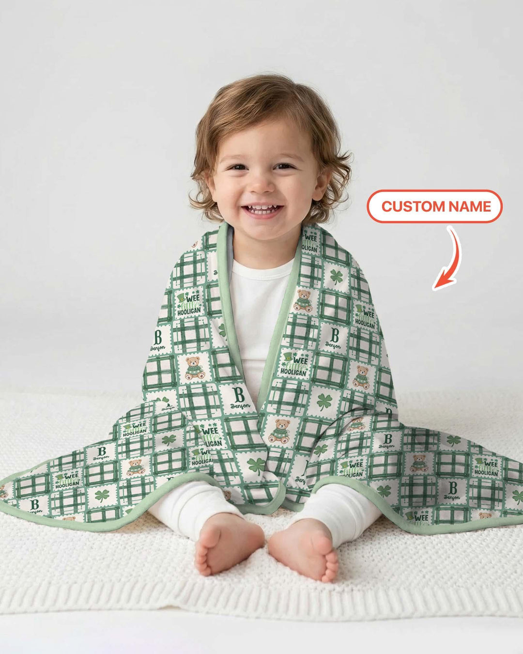 Custom Name Teddy Bear Gingham St. Patrick's Day Bamboo Blanket