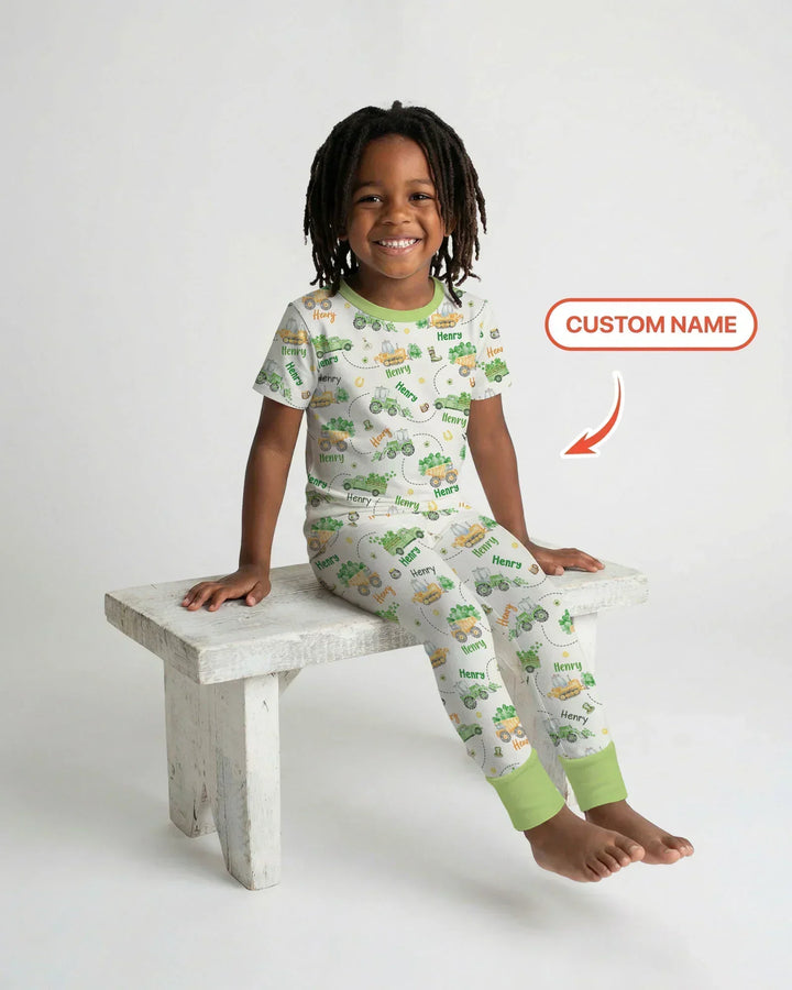 Construction St. Patrick's Day Custom Name Bamboo Two Piece Short Sleeve Pajama Set