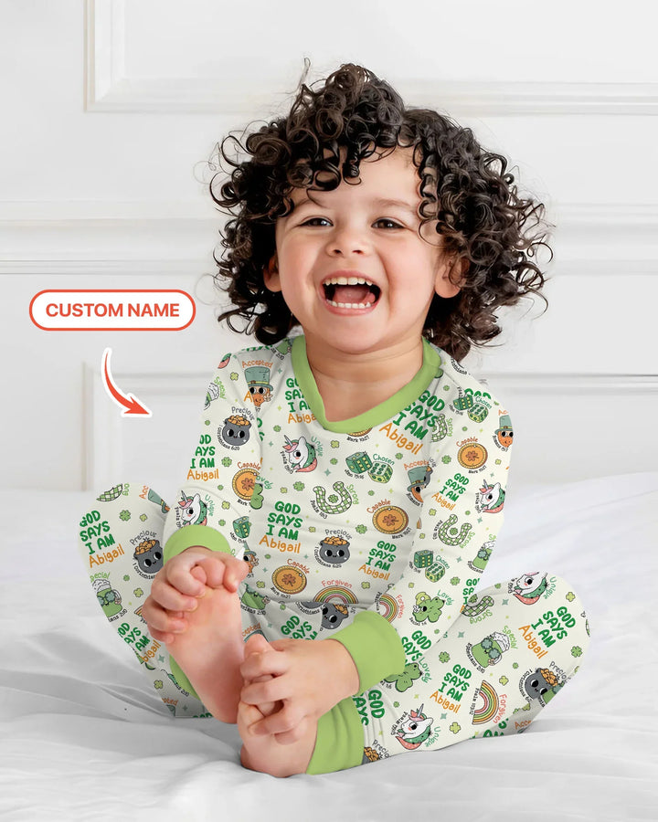 Personalized God Says I Am St. Patrick's Day Family Matching Bamboo Two Piece Long Sleeve Pajama Set