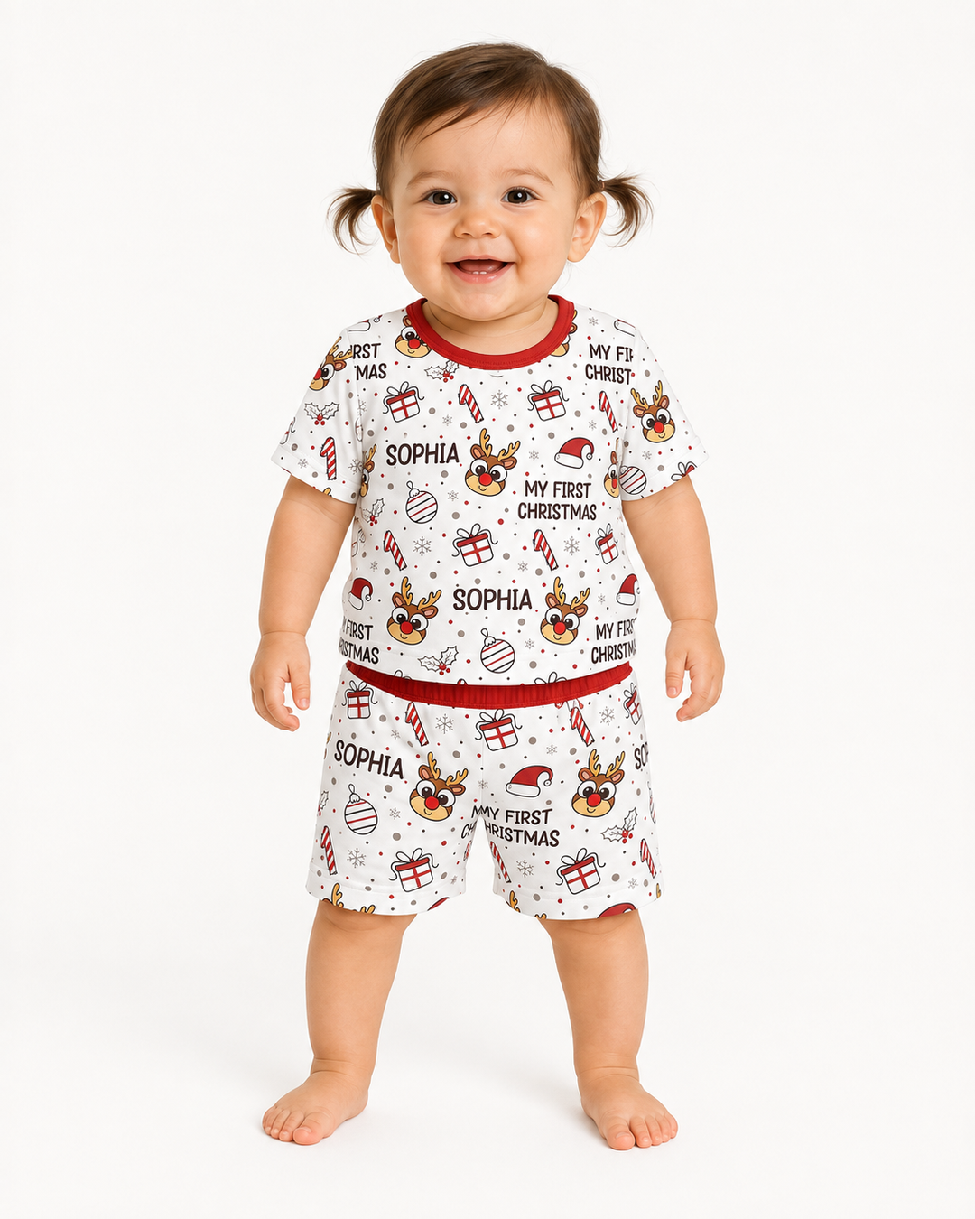 Custom Name Reindeer Doodle My First Christmas Bamboo Two Piece Short Sleeve Shorts Pajama Set