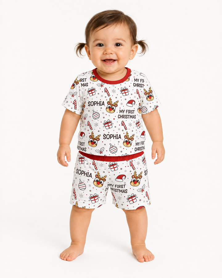 Custom Name Reindeer Doodle My First Christmas Bamboo Two Piece Short Sleeve Shorts Pajama Set