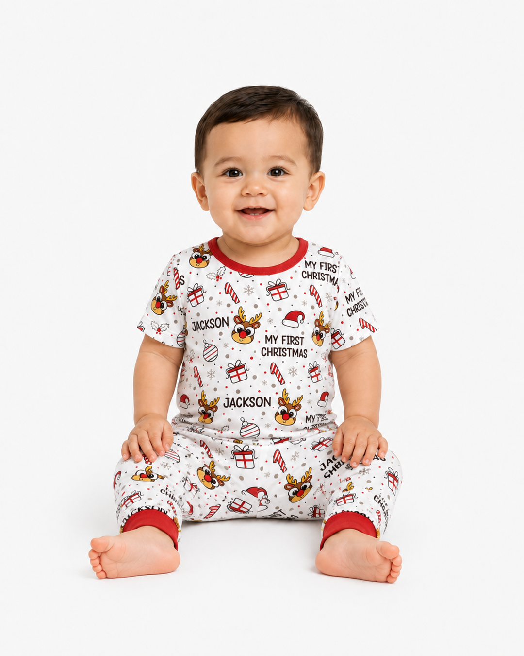 Custom Name Reindeer Doodle My First Christmas Bamboo Two Piece Short Sleeve Pajama Set