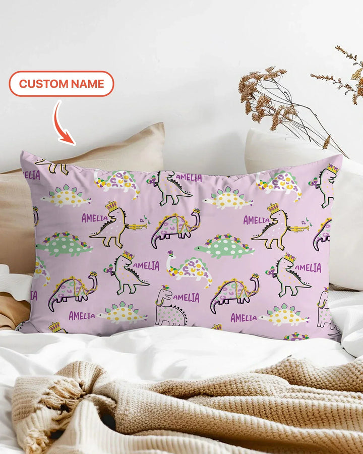 Custom Name Mardi Gras Saurus Bamboo Pillow Case