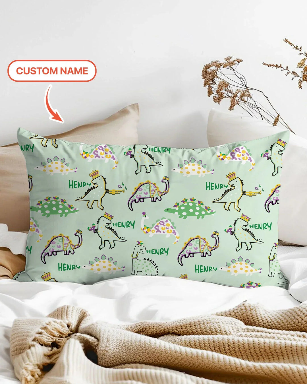 Custom Name Mardi Gras Saurus Bamboo Pillow Case