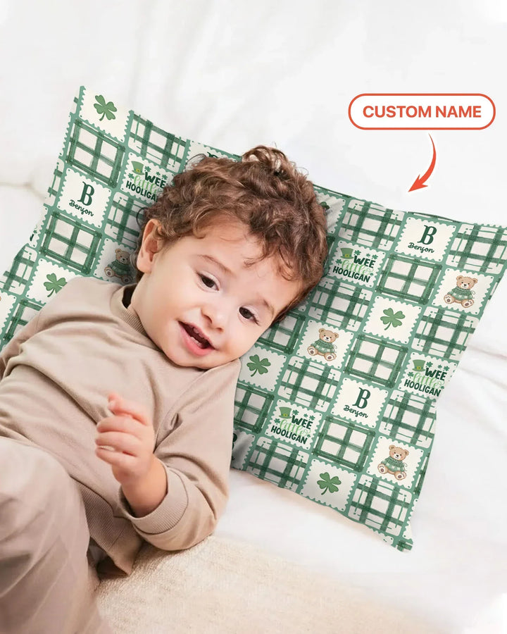 Custom Name Teddy Bear Gingham St. Patrick's Day Bamboo Pillow Case