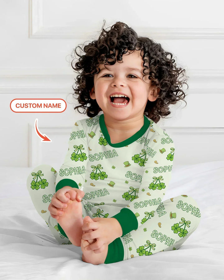 Custom Name Lucky Little Shamrock Bamboo Two Piece Long Sleeve Pajama Set
