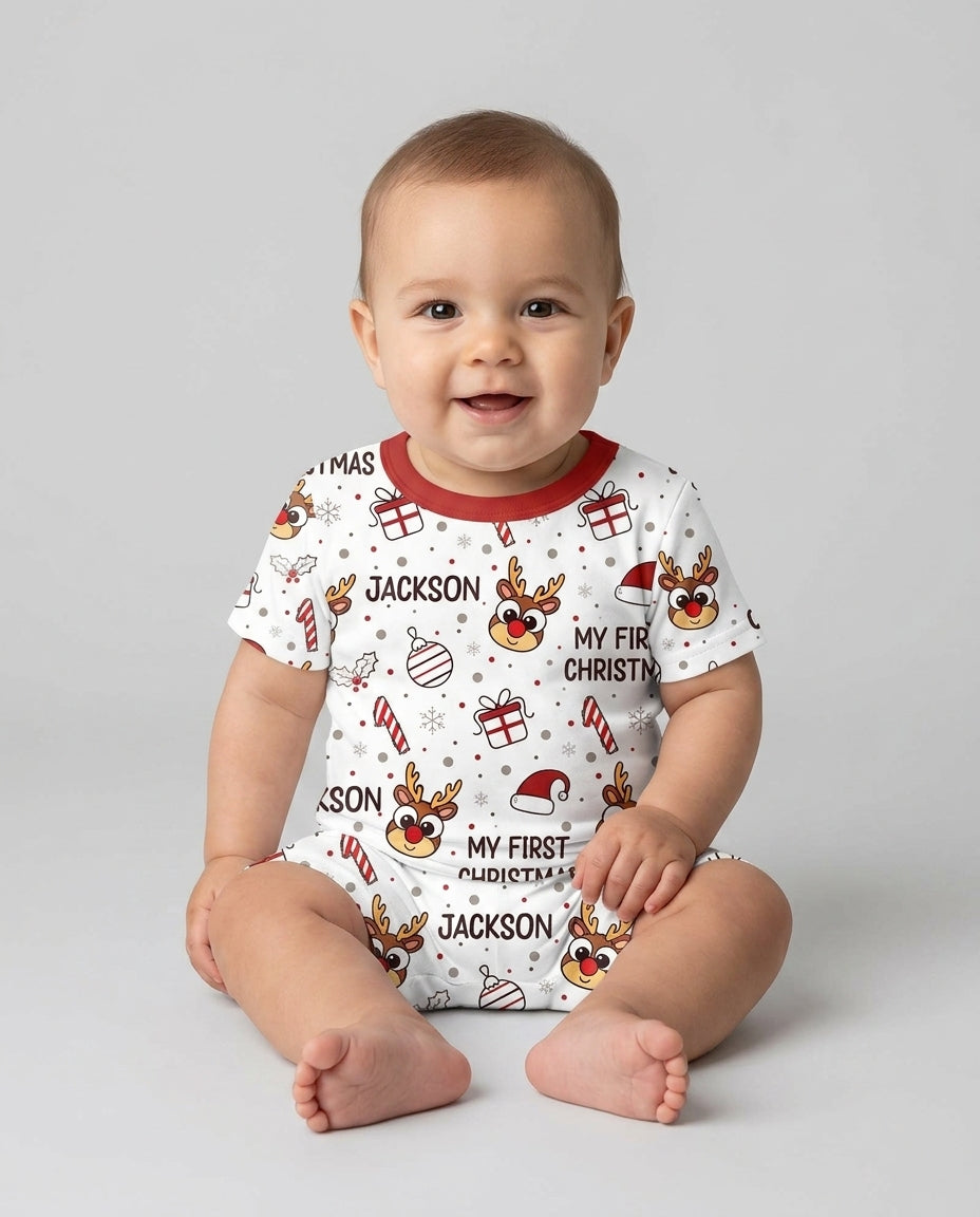 Custom Name Reindeer Doodle My First Christmas Bamboo Two Piece Short Sleeve Shorts Pajama Set