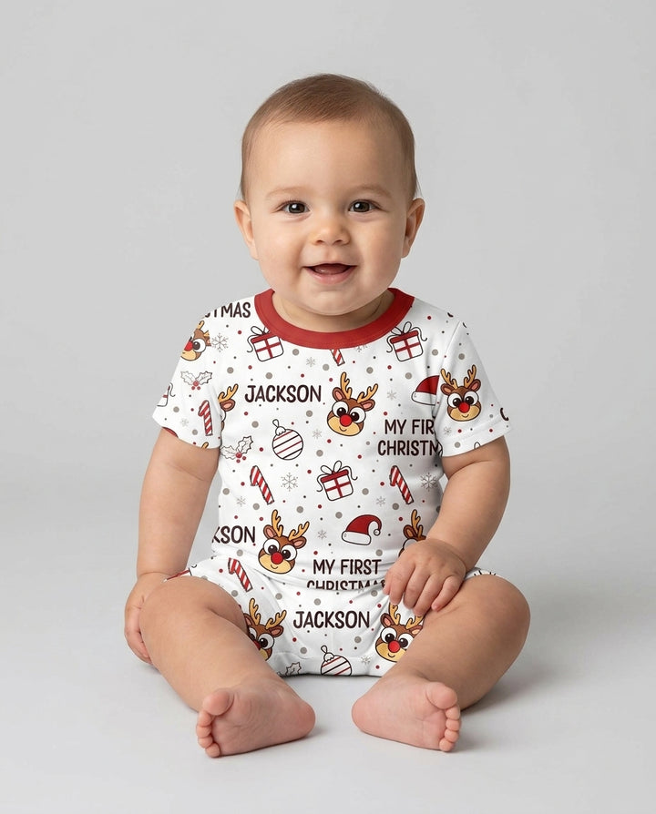 Custom Name Reindeer Doodle My First Christmas Bamboo Two Piece Short Sleeve Shorts Pajama Set