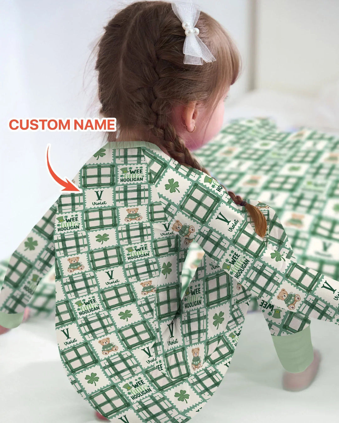 Custom Name Teddy Bear Gingham St. Patrick's Day Bamboo Convertible Zippy