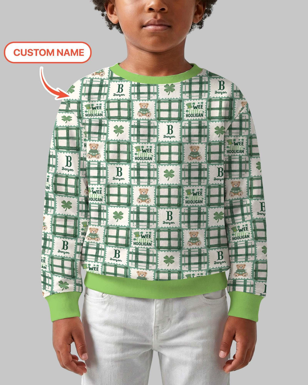Custom Name Teddy Bear Gingham St. Patrick's Day Bamboo Crewneck Sweatshirt