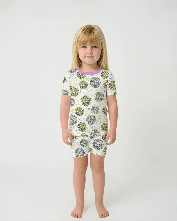 Mardi Gras Disco Ball Bamboo Two Piece Short Sleeve Shorts Pajama Set