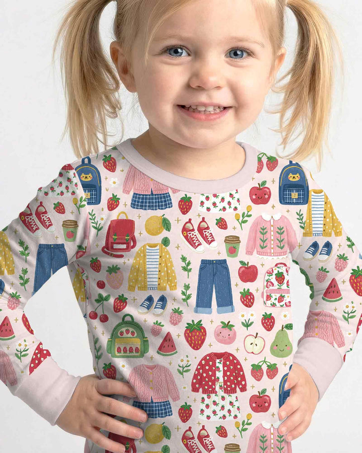 Strawberry School Style Bamboo Two Piece Long Sleeve Pajama Set