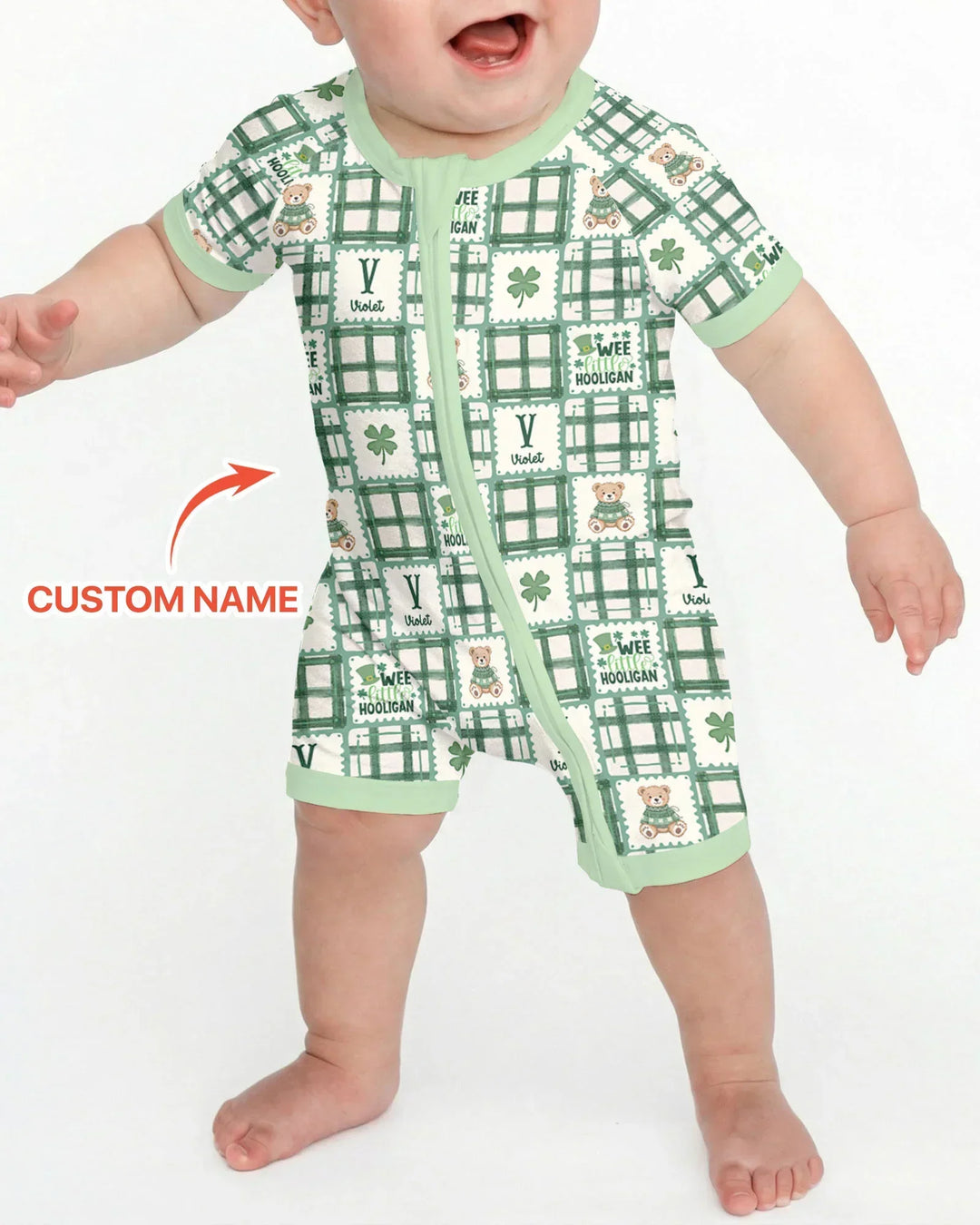Custom Name Teddy Bear Gingham St. Patrick's Day Bamboo Shorty Zippy