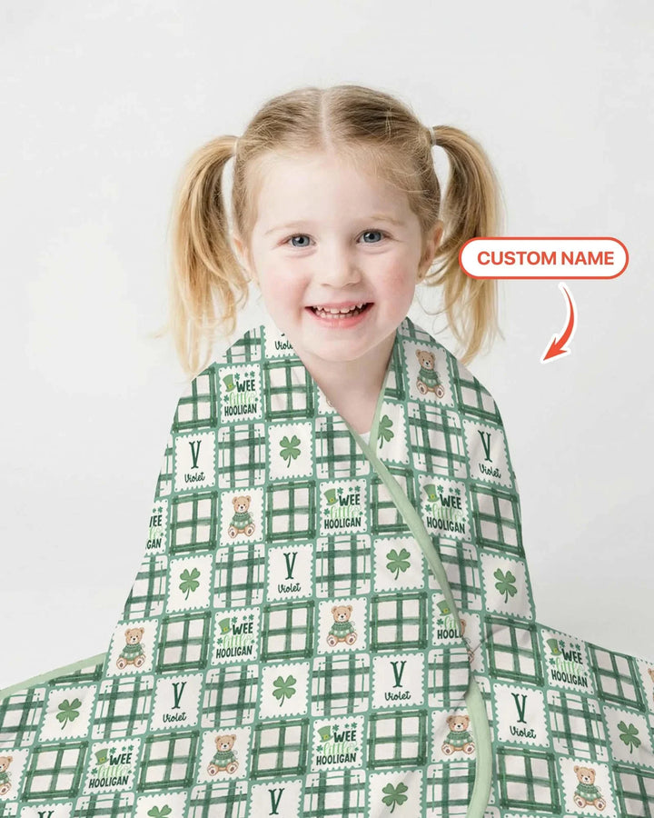 Custom Name Teddy Bear Gingham St. Patrick's Day Bamboo Blanket