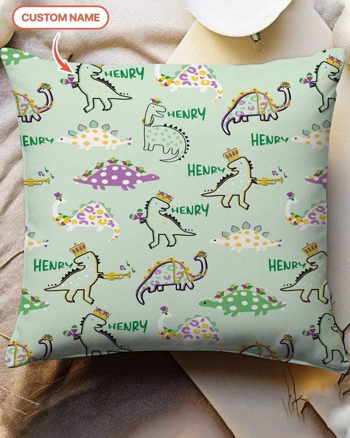 Custom Name Mardi Gras Saurus Bamboo Pillow Case