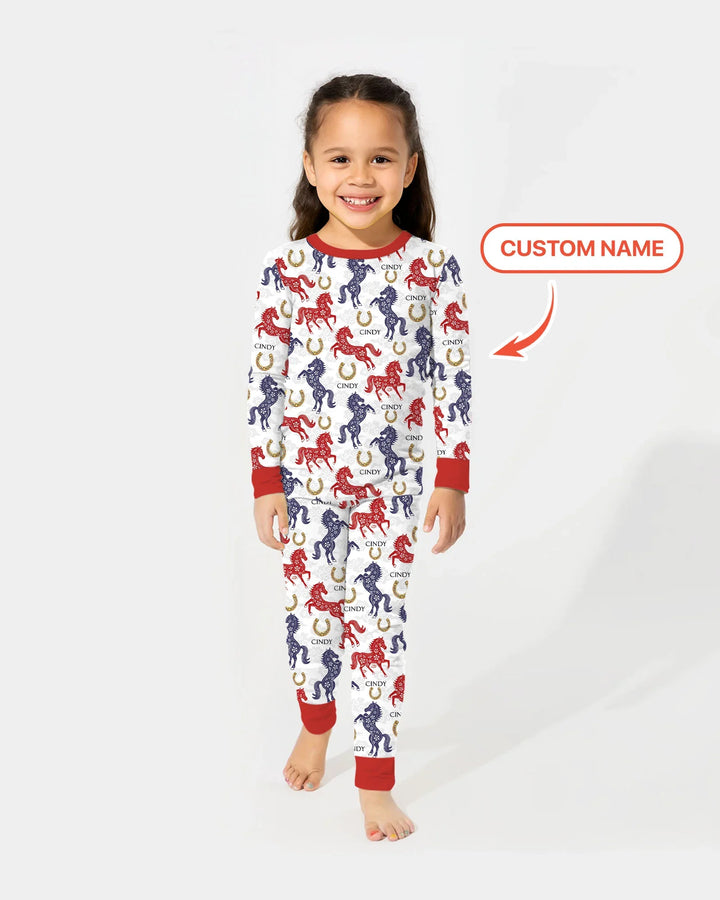 Custom Name Chinoiserie Horses Bamboo Two Piece Long Sleeve Pajama Set