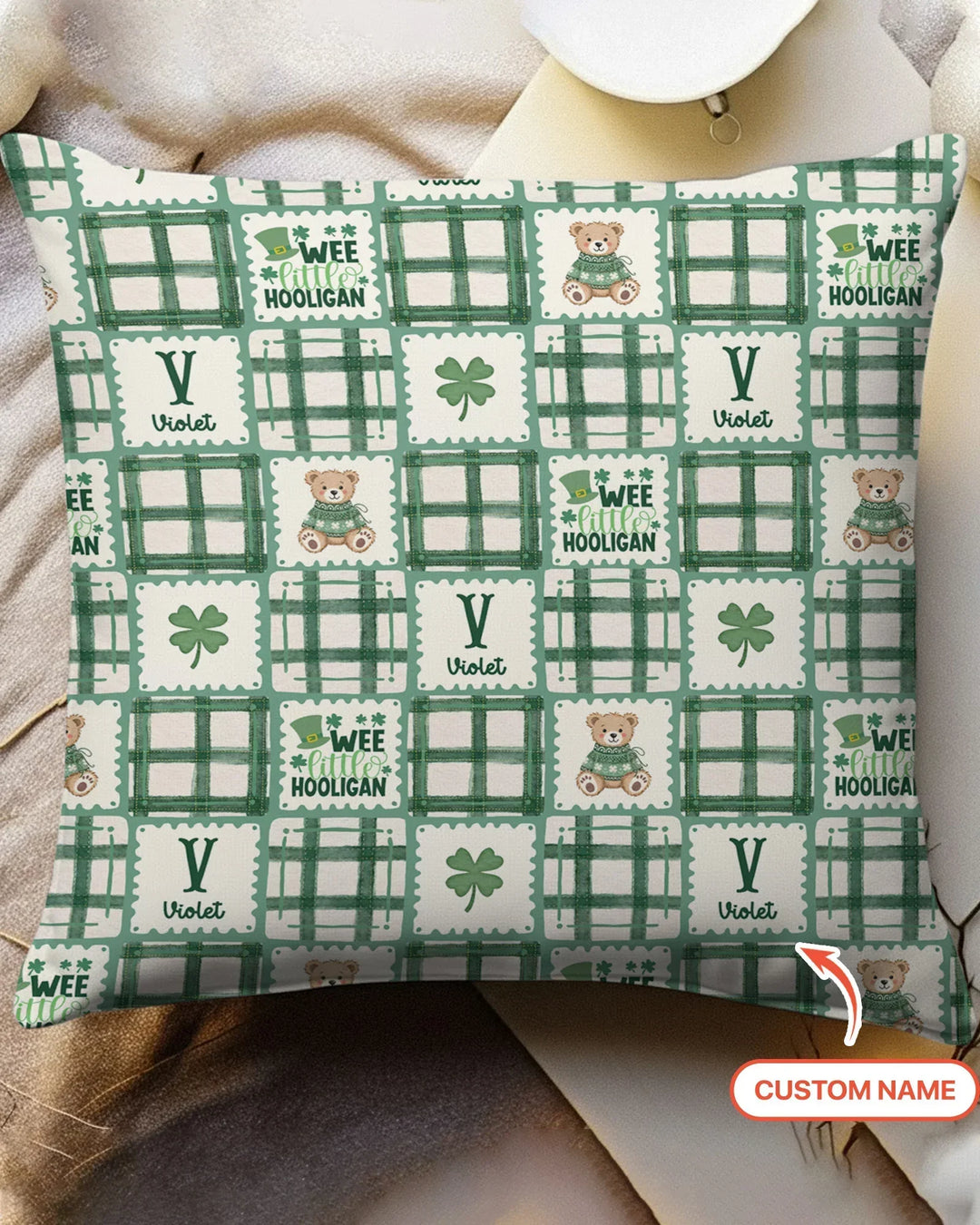 Custom Name Teddy Bear Gingham St. Patrick's Day Bamboo Pillow Case
