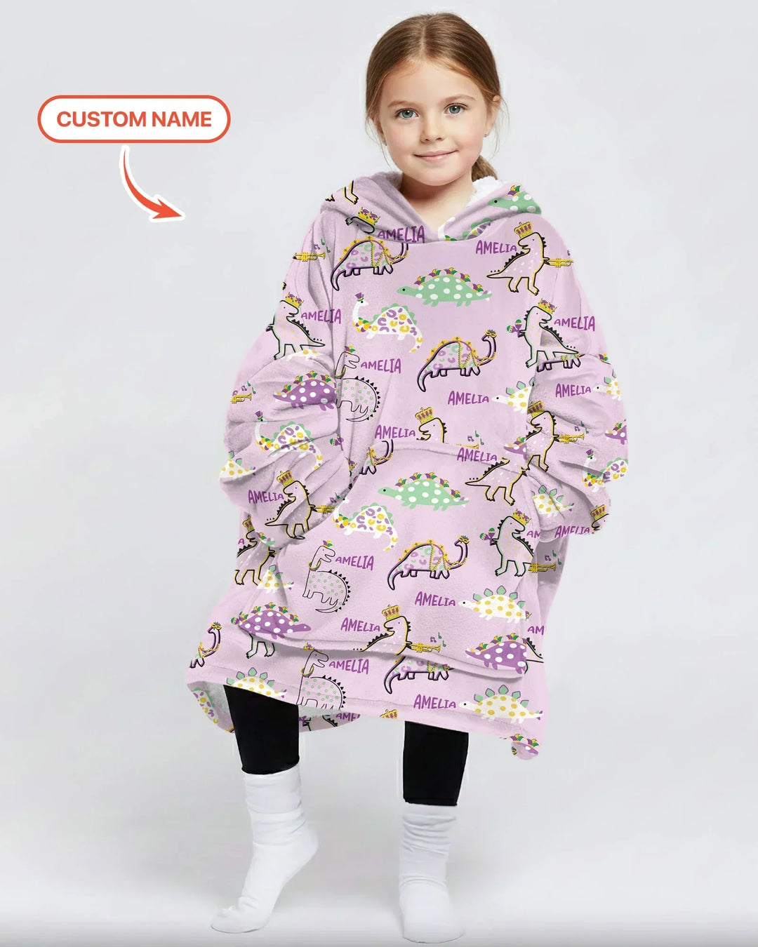 Custom Name Mardi Gras Saurus Wearable Bamboo Blanket Hoodie