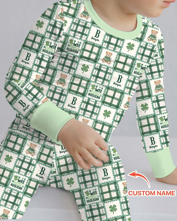 Custom Name Teddy Bear Gingham St. Patrick's Day Bamboo Two Piece Long Sleeve Pajama Set