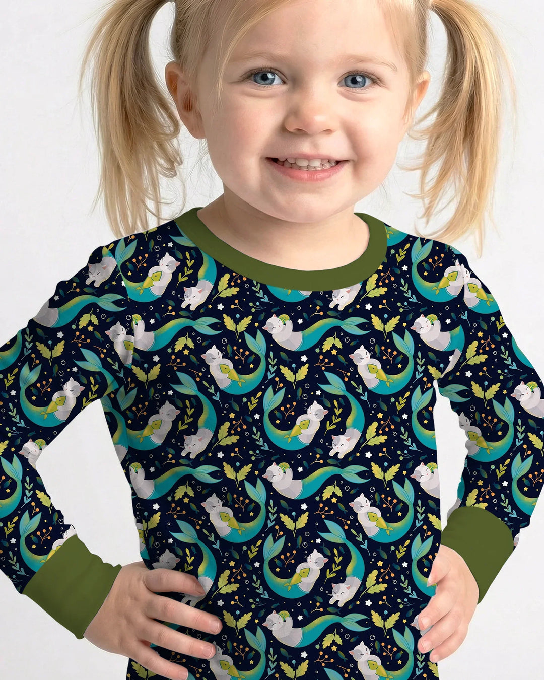 Midnight Mermaid Cats Bamboo Two Piece Long Sleeve Pajama Set