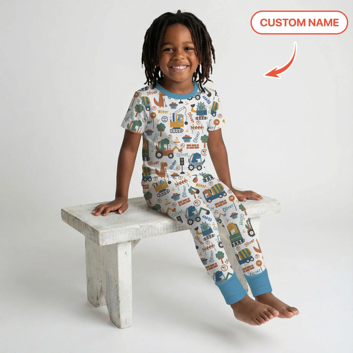 Custom Name Dino Diggers Bamboo Two Piece Short Sleeve Pajama Set