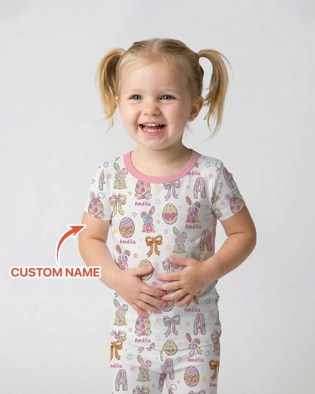 Happy Easter Custom Name Bamboo Two Piece Short Sleeve Pajama Set