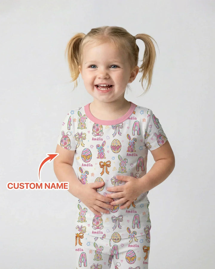 Happy Easter Custom Name Bamboo Two Piece Short Sleeve Pajama Set