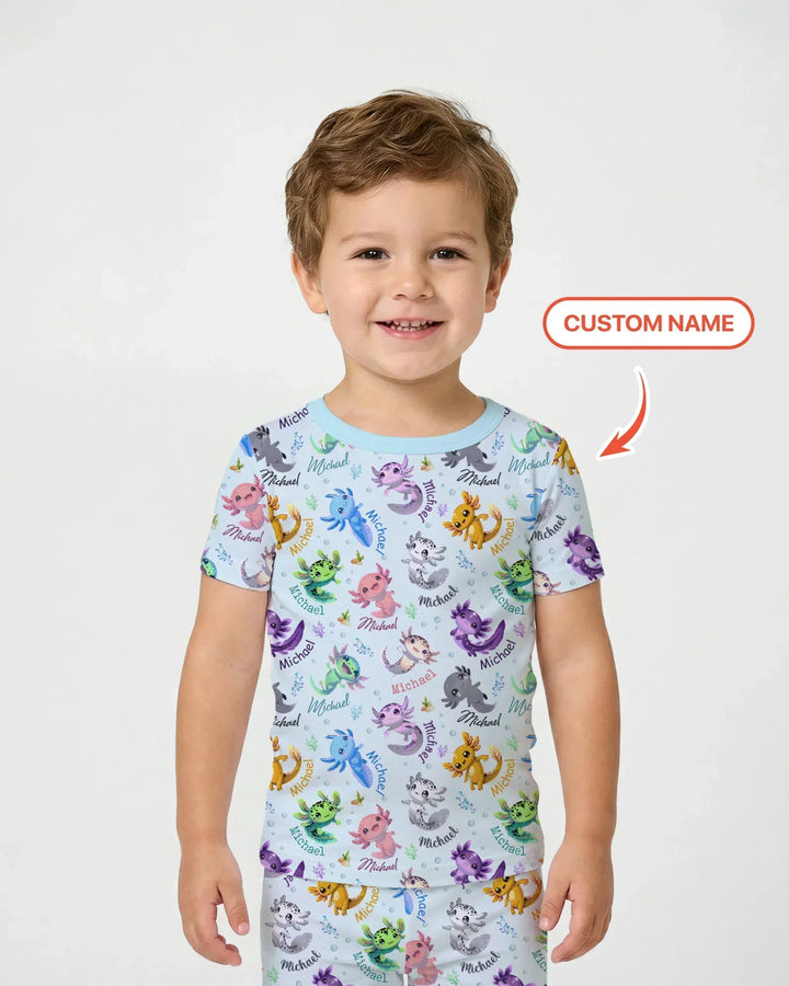 I Love You Axolotl Custom Name Bamboo Two Piece Short Sleeve Pajama Set