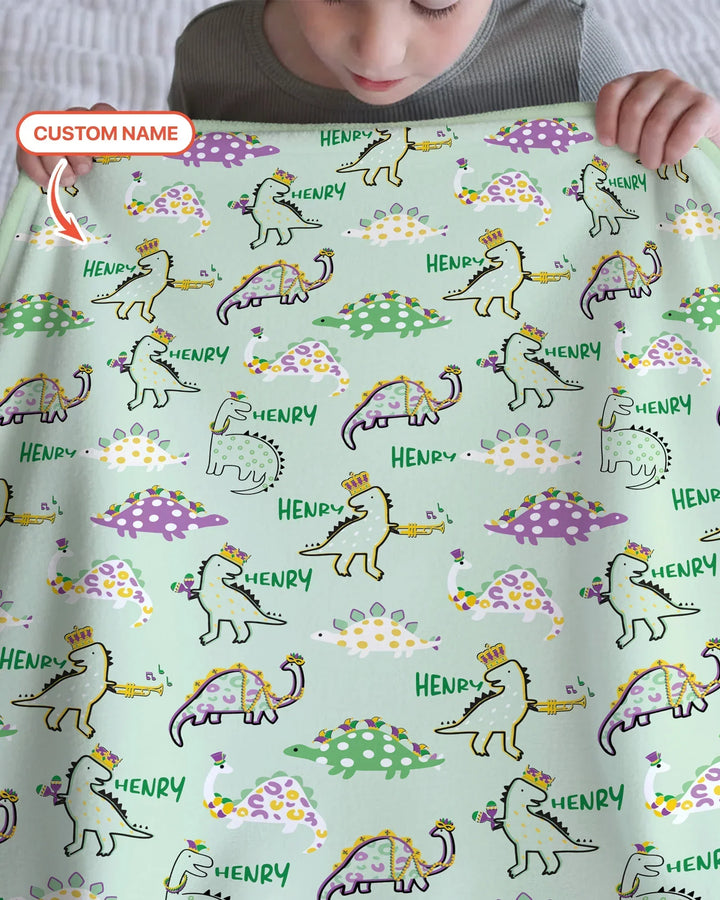 Custom Name Mardi Gras Saurus Bamboo Blanket
