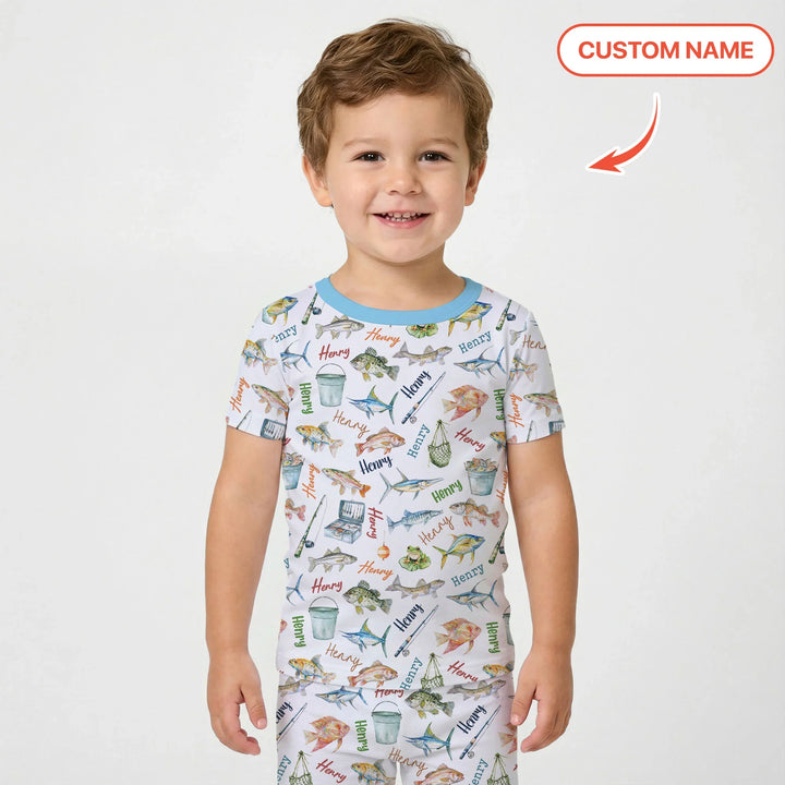 Happy Fishing Adventure Custom Name Bamboo Two Piece Short Sleeve Shorts Pajama Set