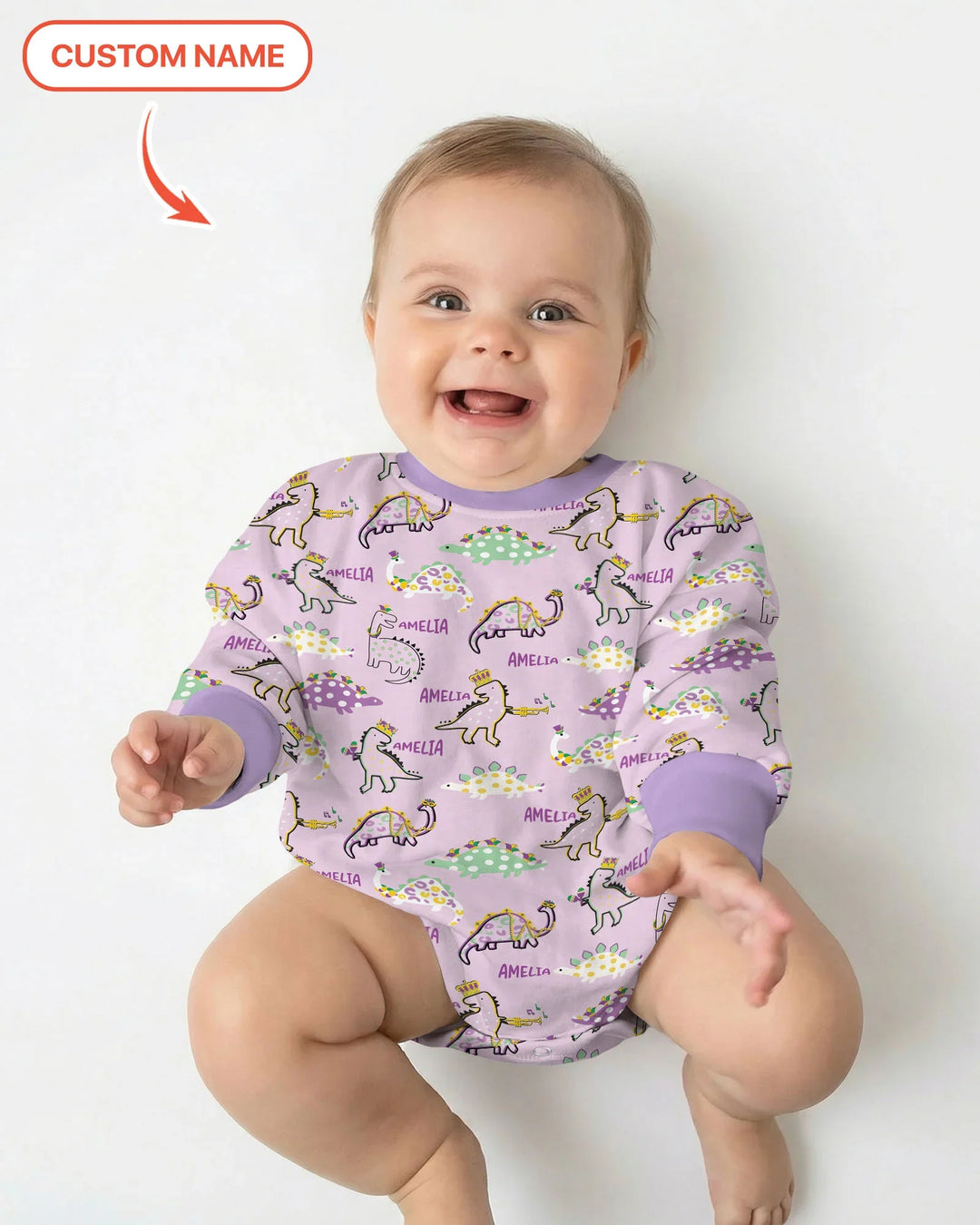 Custom Name Mardi Gras Saurus Bamboo Bubble Romper