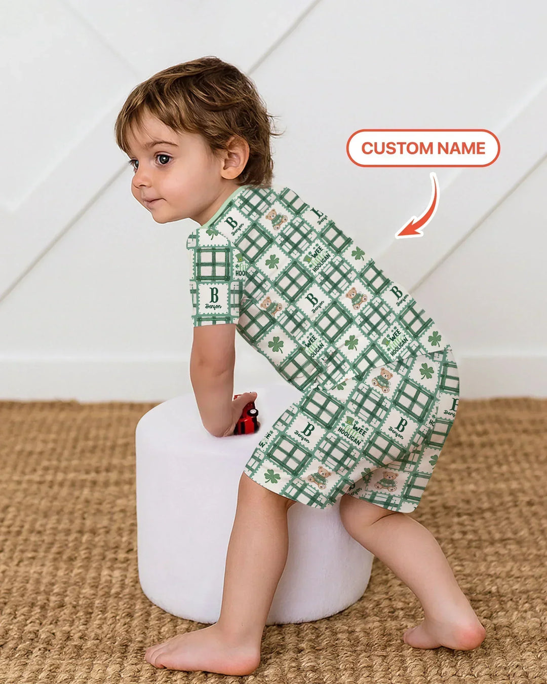 Custom Name Teddy Bear Gingham St. Patrick's Day Bamboo Two Piece Short Sleeve Shorts Pajama Set