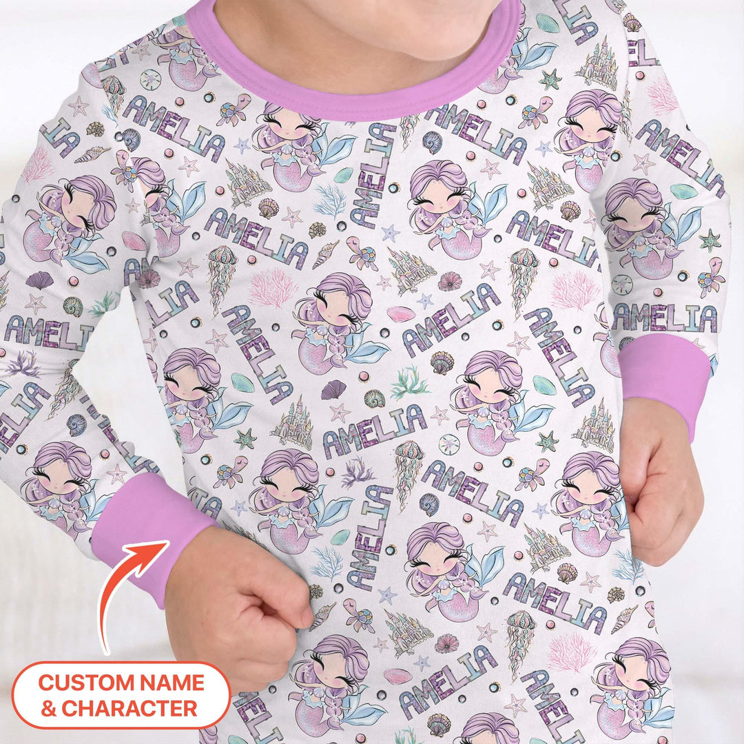 Custom Name Doodle Little Mermaid Bamboo Two Piece Long Sleeve Pajama Set