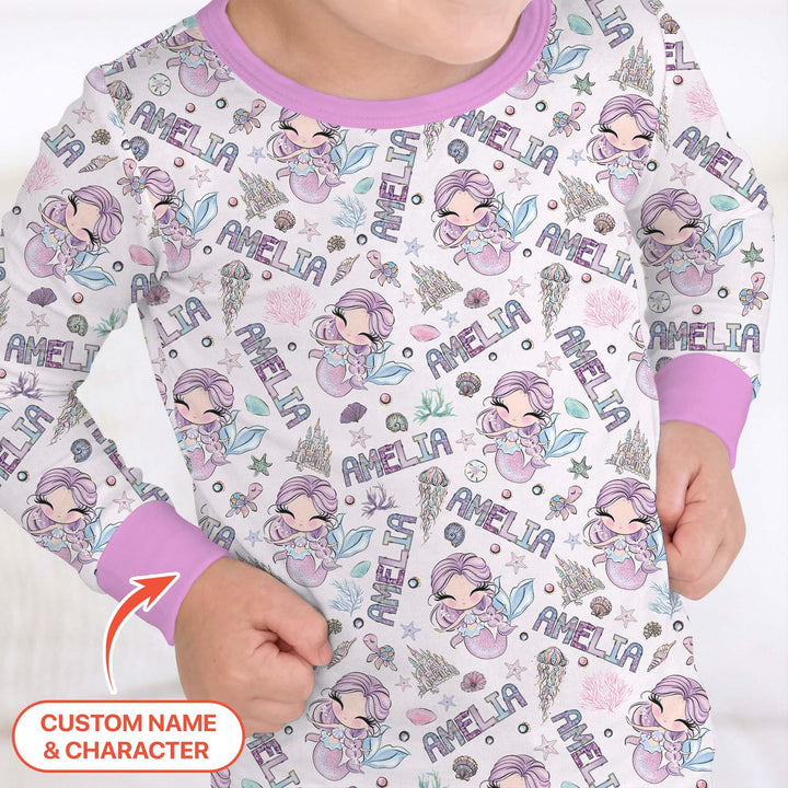 Custom Name Doodle Little Mermaid Bamboo Two Piece Long Sleeve Pajama Set