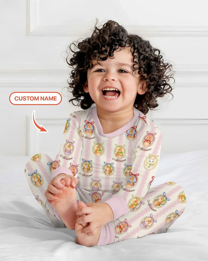 Custom Name Vintage Easter Bunny Bamboo Two Piece Long Sleeve Pajama Set