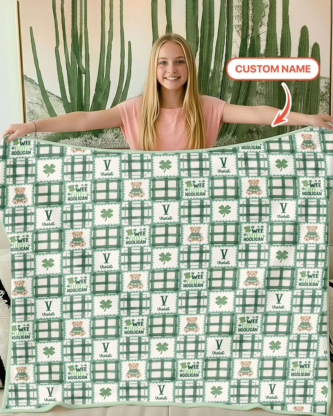 Custom Name Teddy Bear Gingham St. Patrick's Day Bamboo Blanket